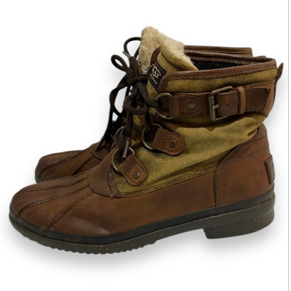 Ugg Women's Boots Cecile Duck Leather Suede Size 7 Brown Chestnut Buckles Laces - Picture 1 of 16